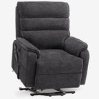 Irene House 9188E dark gray chenille lift chair raised into the power lift position that helps you stand up, seen at a three-quarter angle