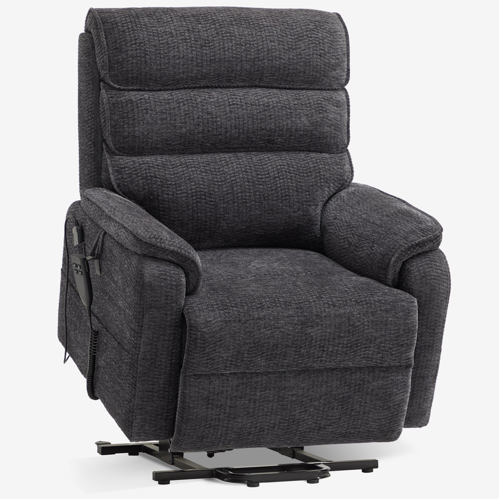 Irene House 9188E dark gray chenille lift chair raised into the power lift position that helps you stand up, seen at a three-quarter angle