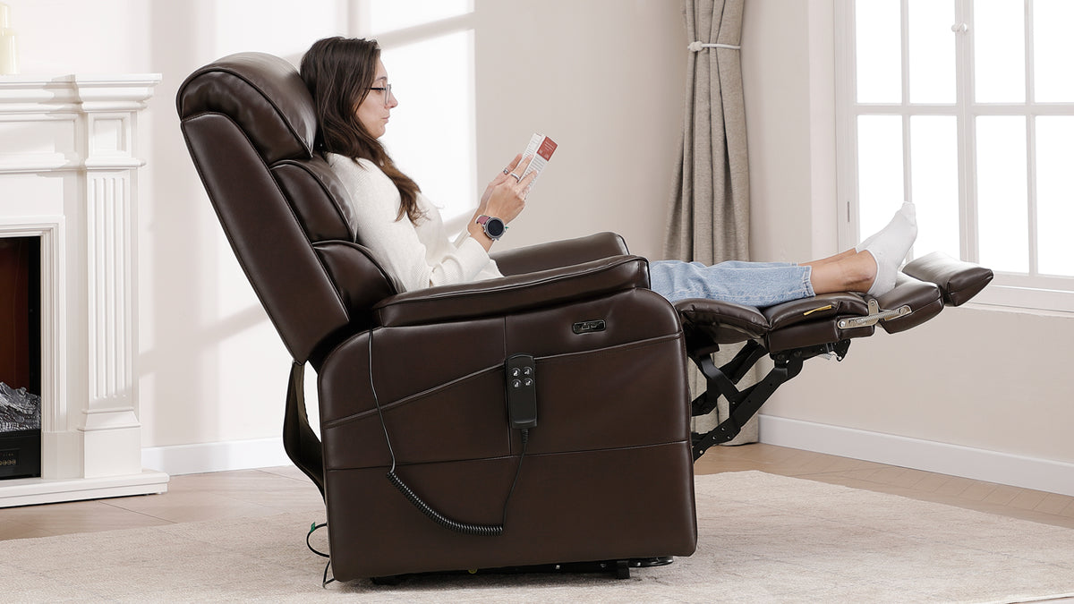 Two Irene House 9188T tall lift recliners in brown leather beside a fireplace, three-layer high backrests visible