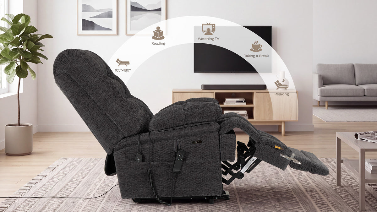 The two hand controls of the Irene House 9205L — backrest, footrest and lift buttons plus heat and massage controls, on brown leather