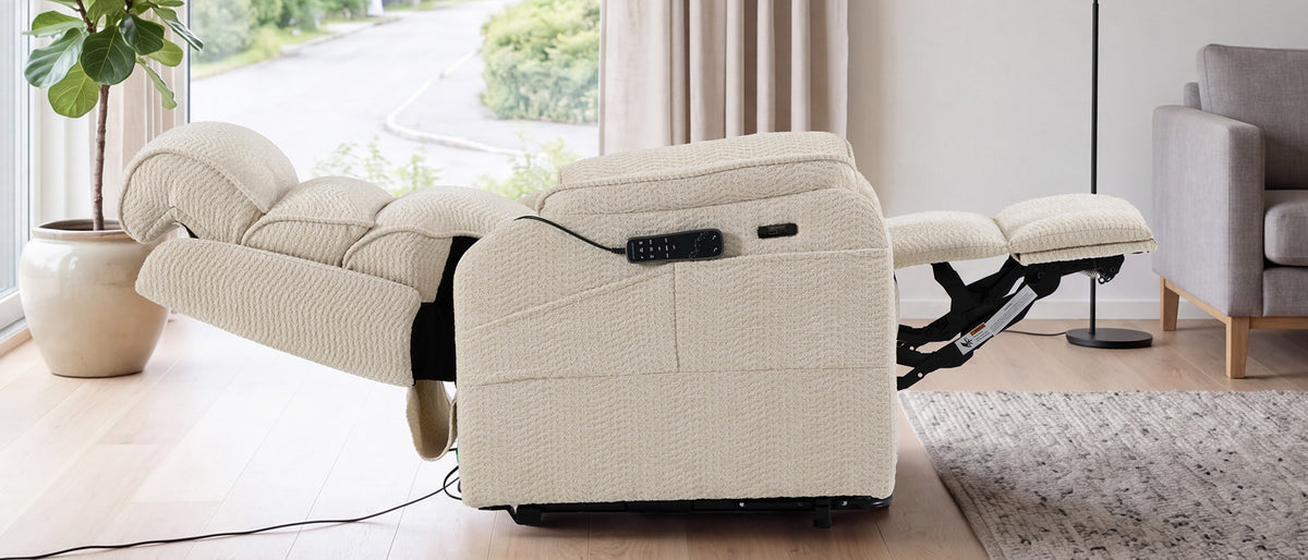 Irene House 9188S Pro in cream white chenille reclined fully flat at 180 degrees, side view in a living room