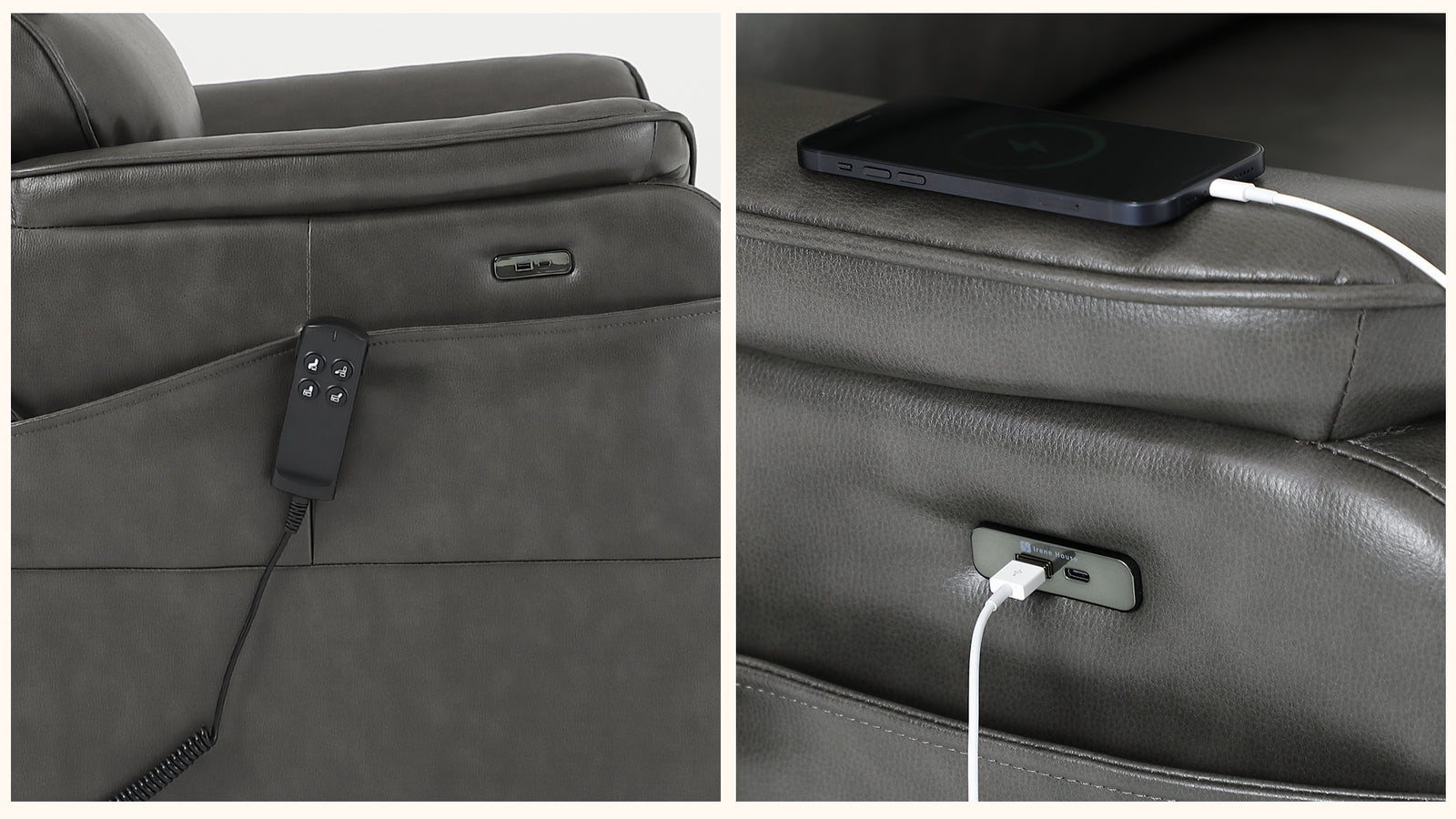Irene House 9188ET second generation design — four higher side pockets and USB-A and USB-C charging ports on the blue chenille chair