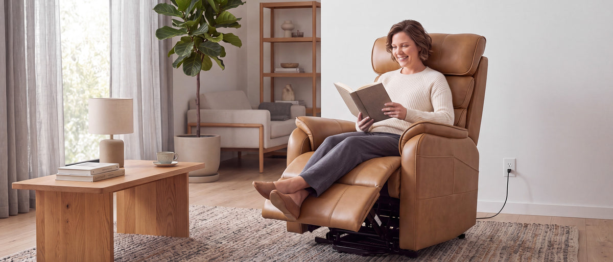 Irene House 9188 Pro medium power lift recliner in cream white chenille, reclined with footrest extended in a living room