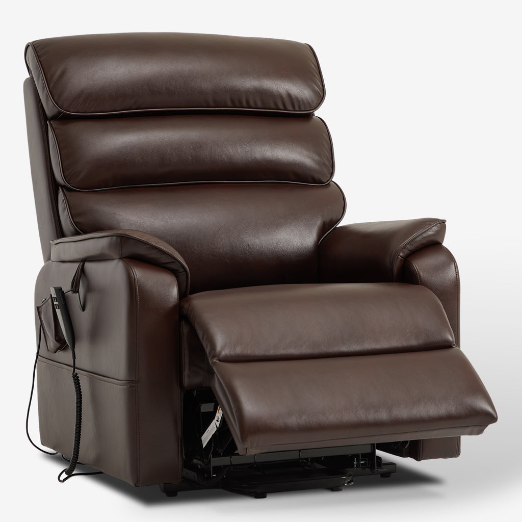 Irene House 9188E brown breathable leather recliner partly reclined with the footrest raised, seen at a three-quarter angle