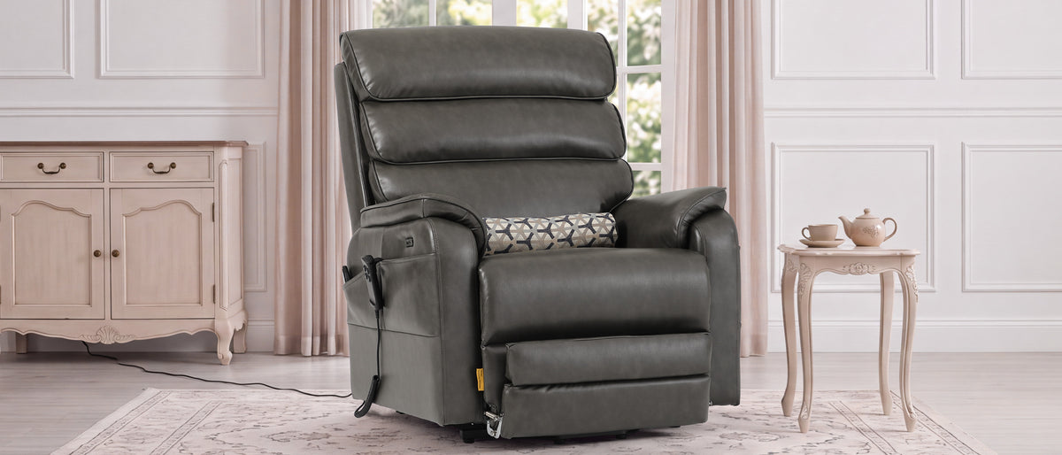 Person reclined in the Irene House 9188ET big and tall lift recliner with the extended footrest fully supporting their feet instead of leaving them dangling
