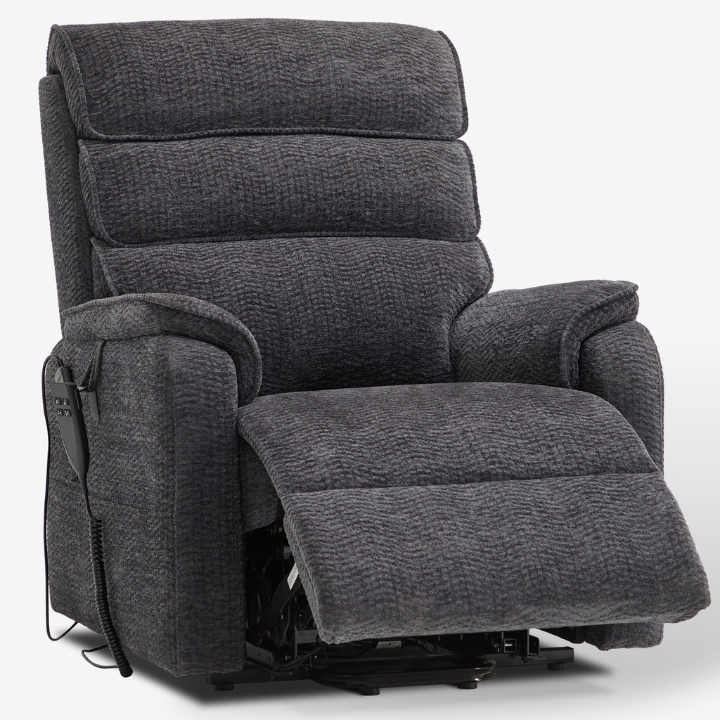 Irene House 9188E dark gray chenille recliner partly reclined with the footrest raised, seen at a three-quarter angle