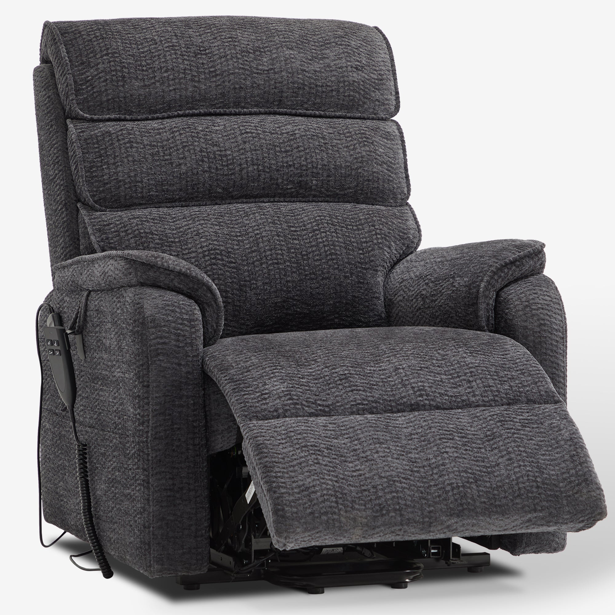 Irene House 9188E dark gray chenille recliner partly reclined with the footrest raised, seen at a three-quarter angle