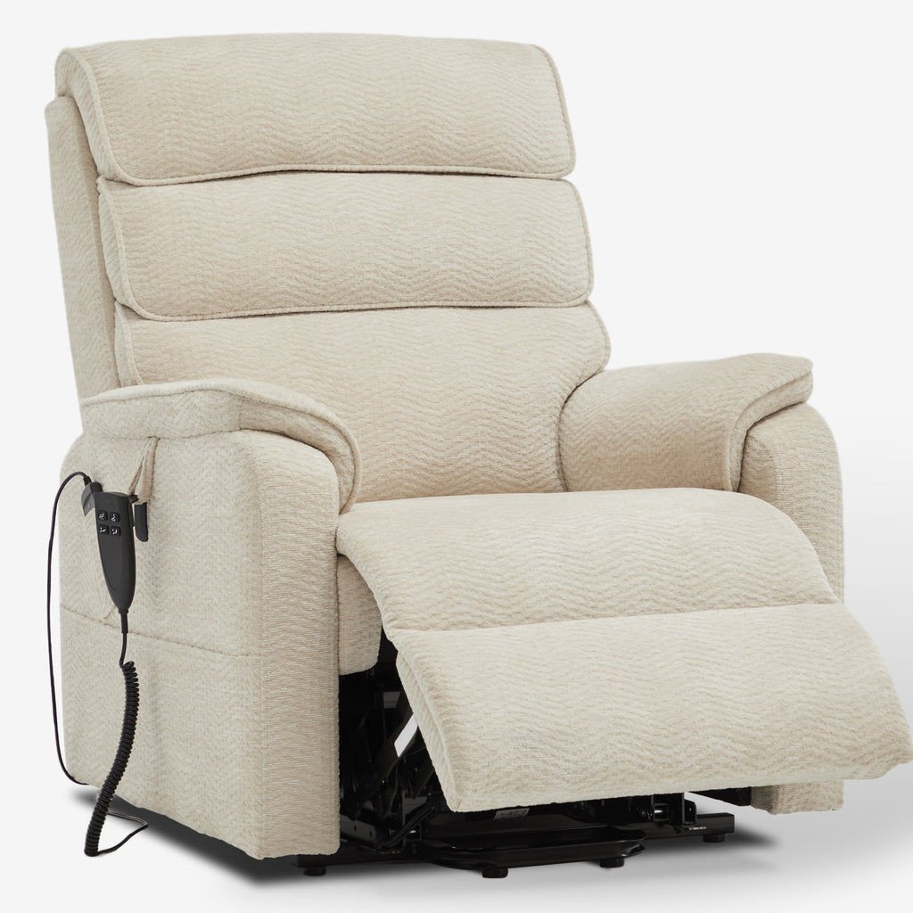 Irene House 9188E beige chenille recliner partly reclined with the footrest raised, seen at a three-quarter angle