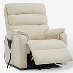 Irene House 9188E beige chenille recliner partly reclined with the footrest raised, seen at a three-quarter angle
