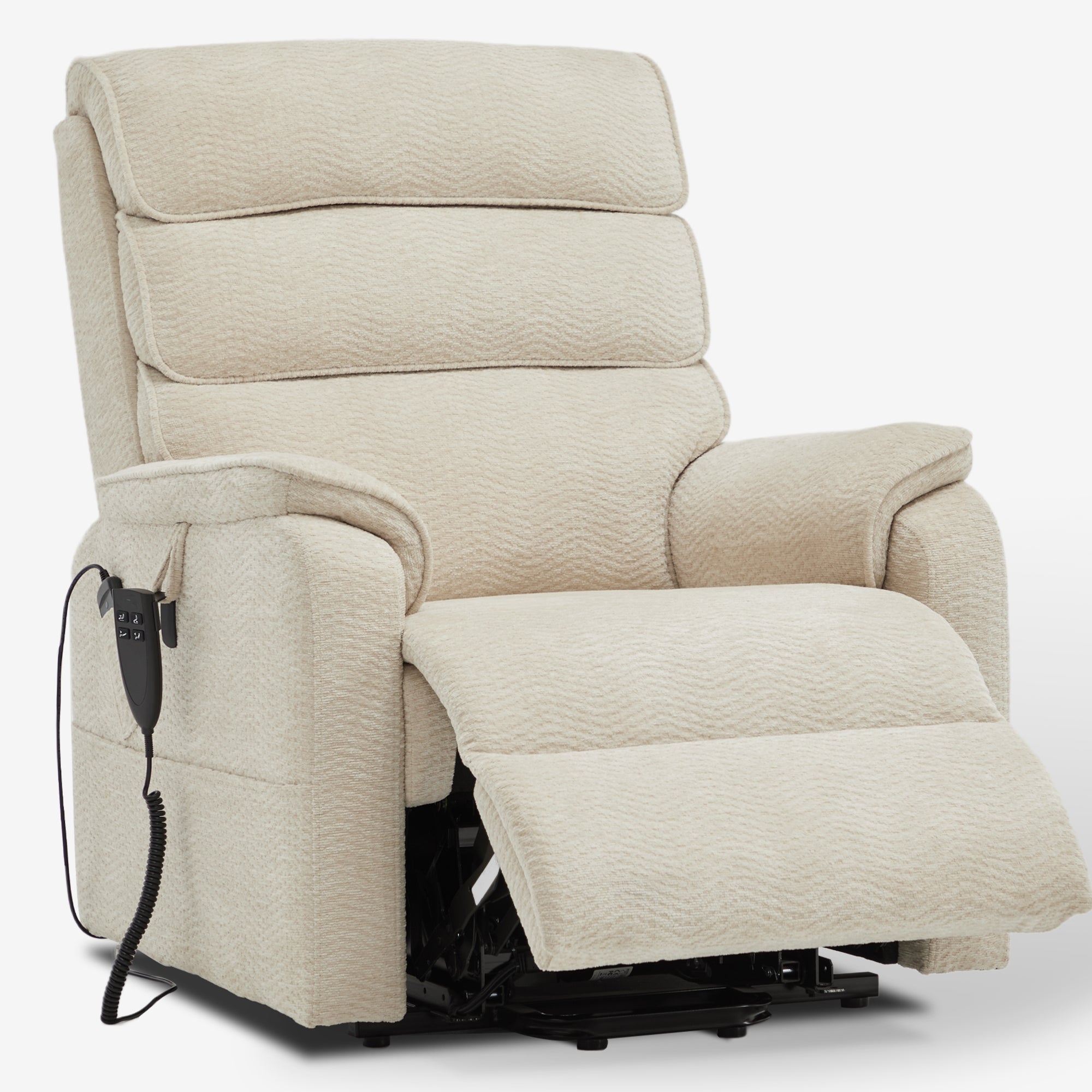 Irene House 9188E beige chenille recliner partly reclined with the footrest raised, seen at a three-quarter angle