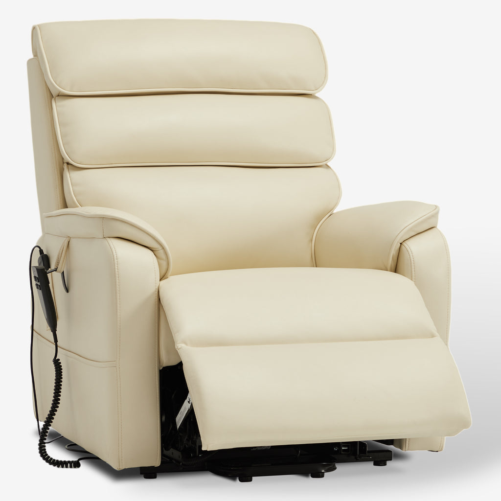 Irene House 9188E cream white breathable leather recliner partly reclined with the footrest raised, seen at a three-quarter angle