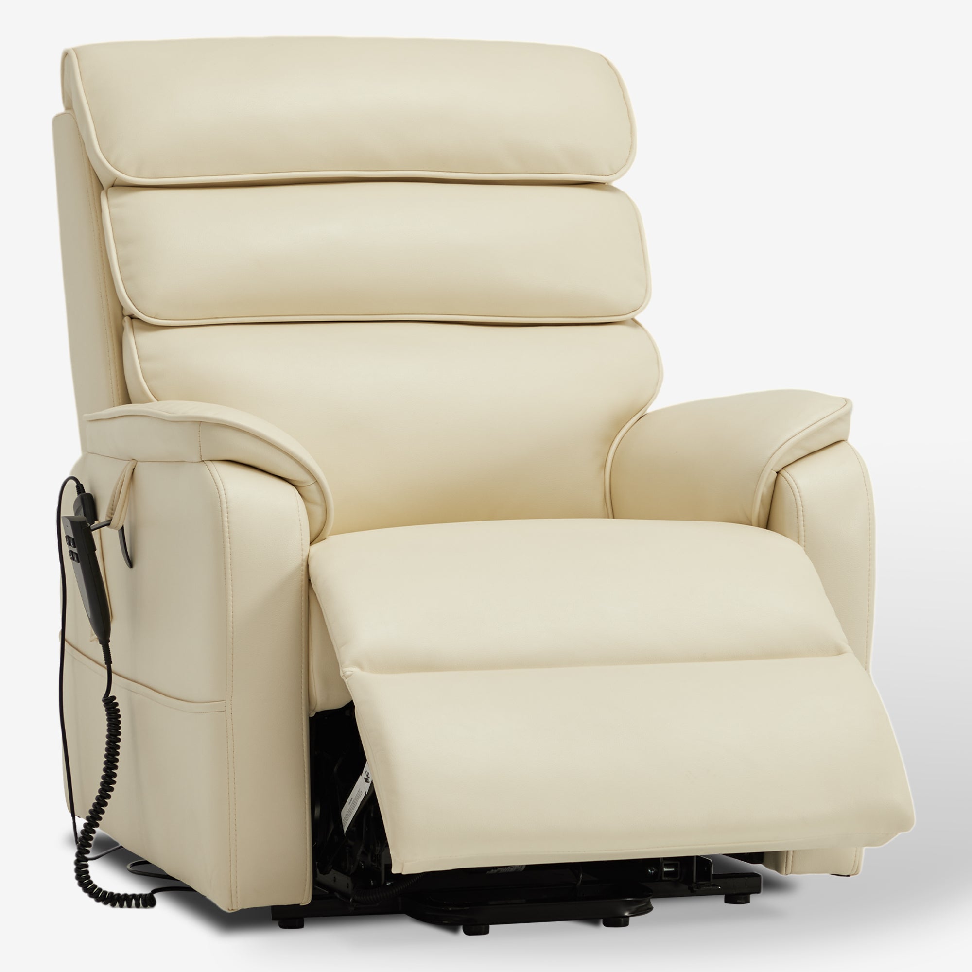 Irene House 9188E cream white breathable leather recliner partly reclined with the footrest raised, seen at a three-quarter angle