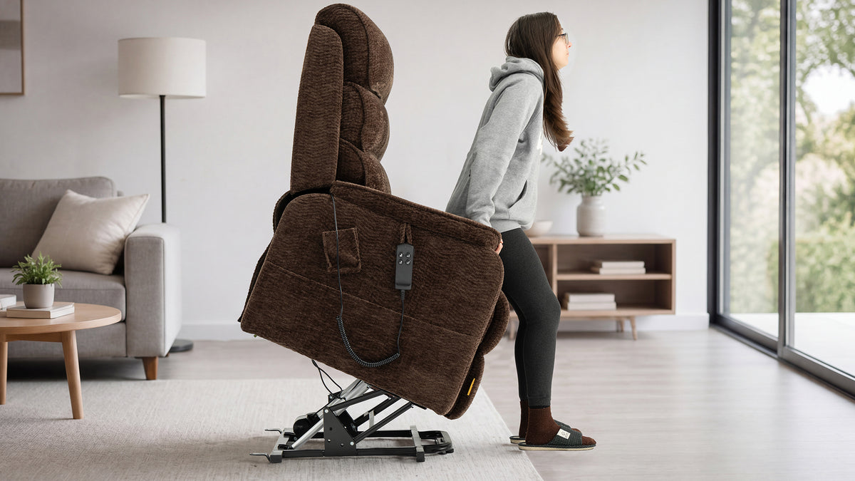 Irene House 9188 EWT500 heavy duty lift recliner in dark brown chenille tilted forward in the lift position, helping the user toward standing
