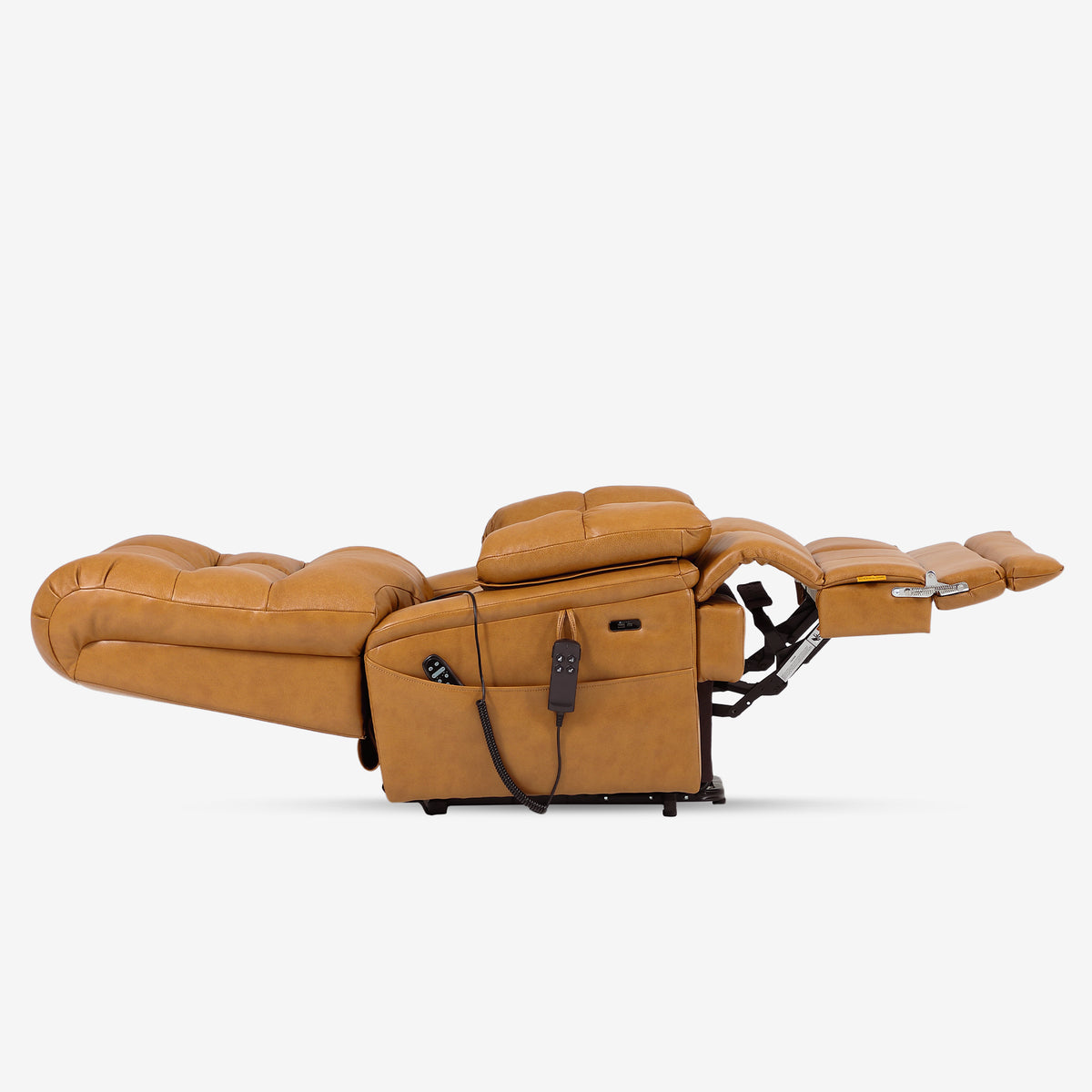 Person reclined in the Irene House 9205L in dark gray chenille with the extended footrest carrying their legs all the way to the heel