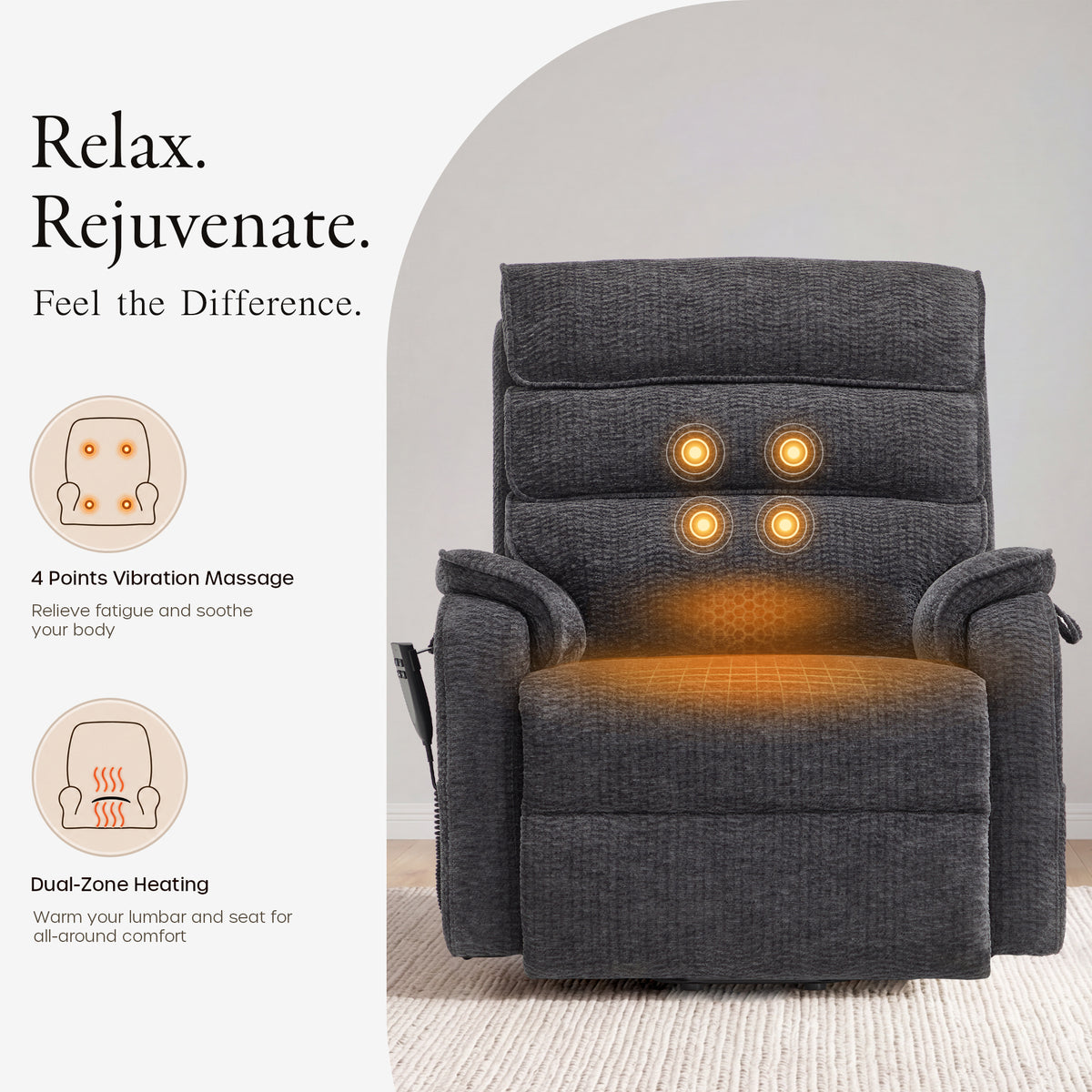 Heat and massage graphic for the Irene House 9188E dark gray chenille, showing the 4-point vibration massage points and dual-zone heating areas in the backrest and seat