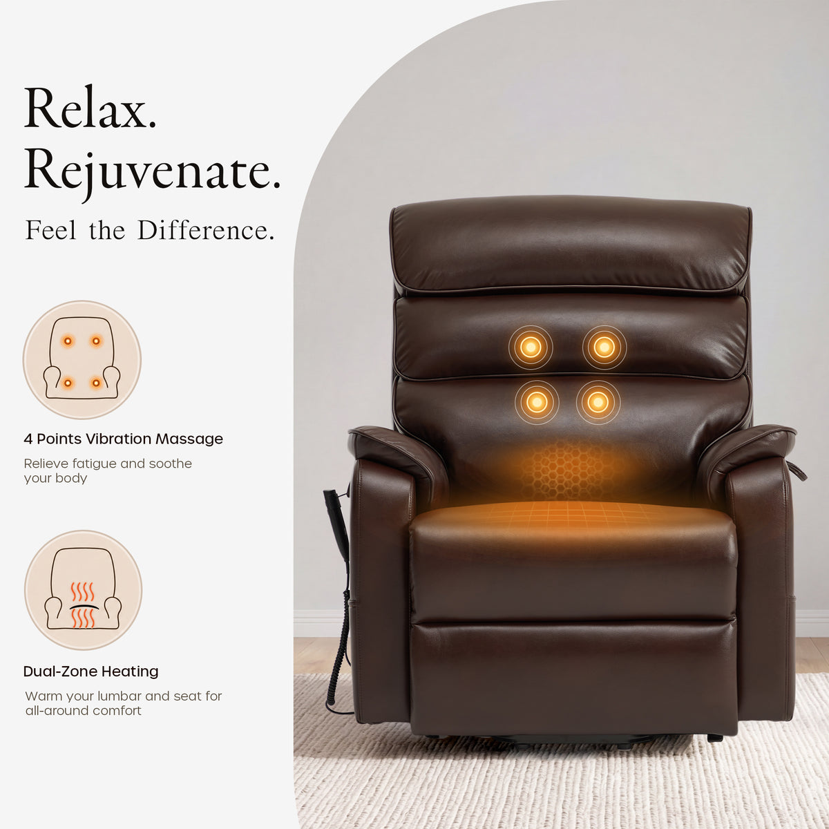 Heat and massage graphic for the Irene House 9188E brown breathable leather, showing the 4-point vibration massage points and dual-zone heating areas in the backrest and seat