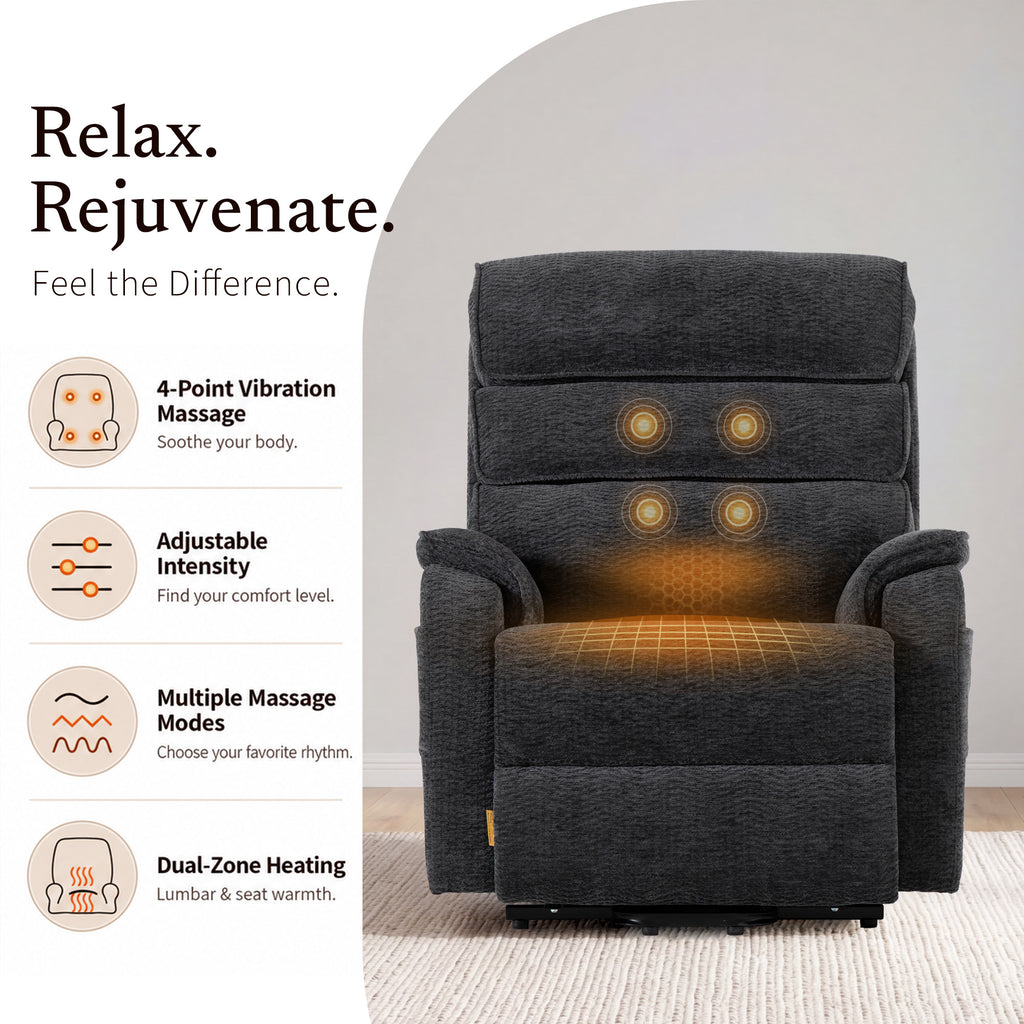 Irene House 9188E Pro in dark gray chenille — heat and massage features: 4-point vibration massage, adjustable intensity, multiple massage modes and dual-zone heating for lumbar and seat