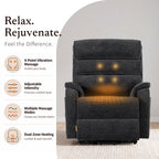 Irene House 9188E Pro in dark gray chenille — heat and massage features: 4-point vibration massage, adjustable intensity, multiple massage modes and dual-zone heating for lumbar and seat