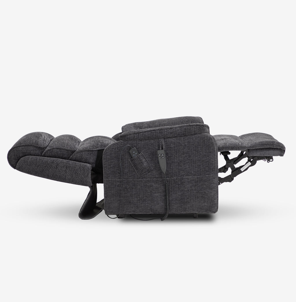 Side view of the Irene House 9188E dark gray chenille recliner reclined fully flat into the 180 degree lay-flat position