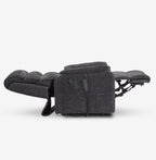 Side view of the Irene House 9188E dark gray chenille recliner reclined fully flat into the 180 degree lay-flat position
