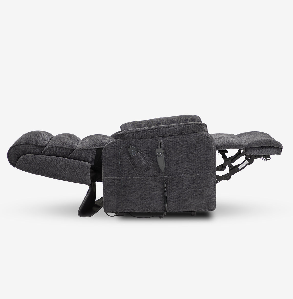 Side view of the Irene House 9188E dark gray chenille recliner reclined fully flat into the 180 degree lay-flat position