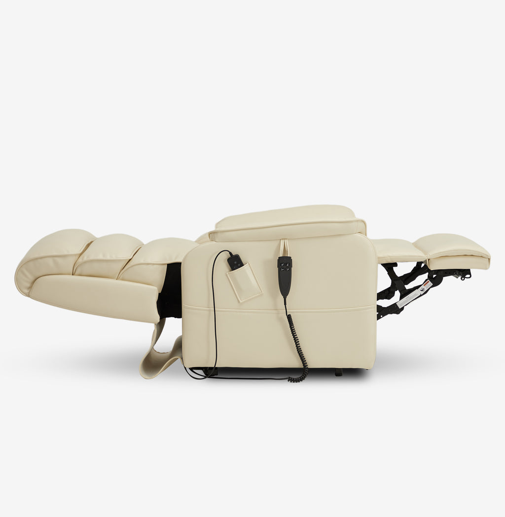 Side view of the Irene House 9188E cream white breathable leather recliner reclined fully flat into the 180 degree lay-flat position