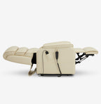 Side view of the Irene House 9188E cream white breathable leather recliner reclined fully flat into the 180 degree lay-flat position