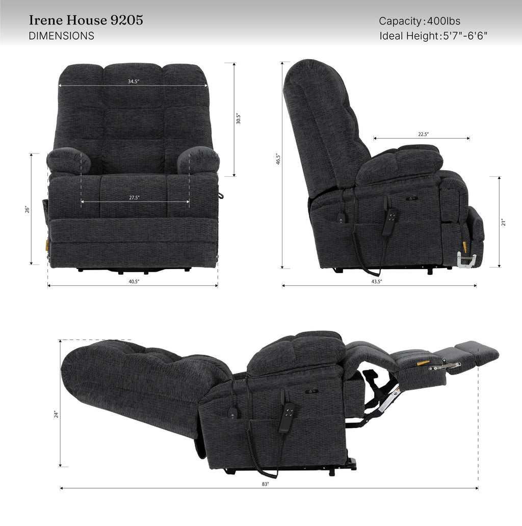 9205L Big & Tall Power Lift Recliner – Extended Footrest, Dual Motor, Heat & Massage, 400 lbs
