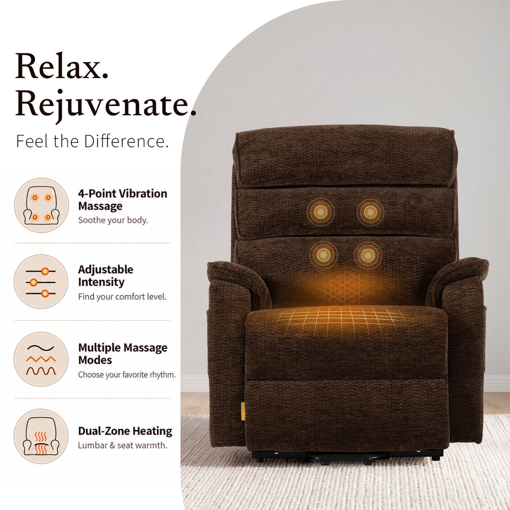 Irene House 9188E Pro in dark brown chenille — heat and massage features: 4-point vibration massage, adjustable intensity, multiple massage modes and dual-zone heating for lumbar and seat