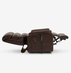 Side view of the Irene House 9188E brown breathable leather recliner reclined fully flat into the 180 degree lay-flat position