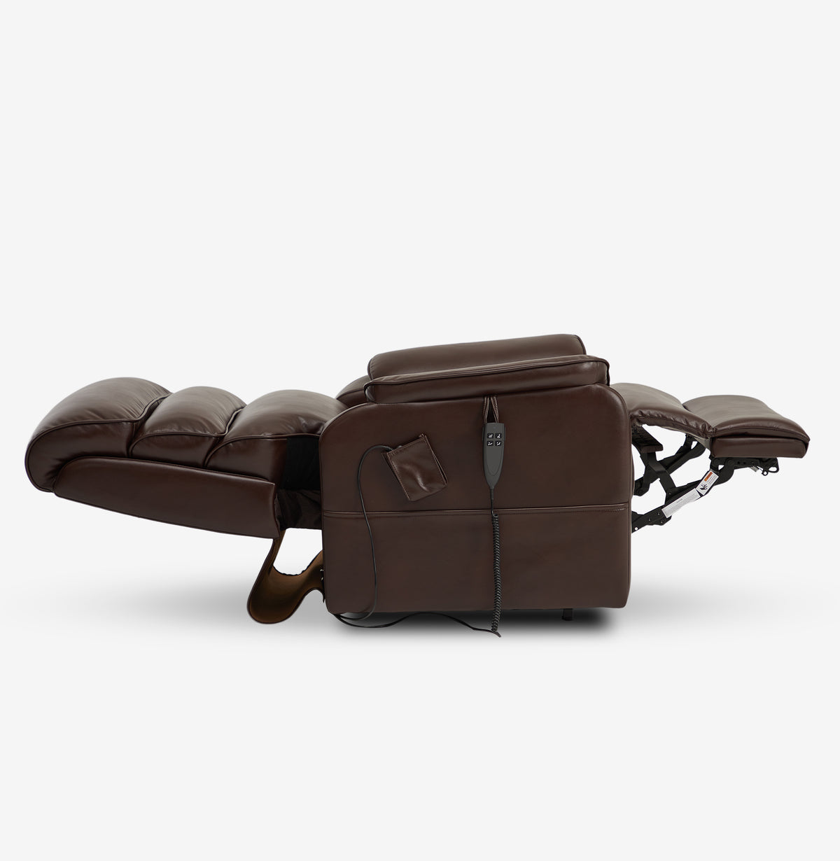 Side view of the Irene House 9188E brown breathable leather recliner reclined fully flat into the 180 degree lay-flat position