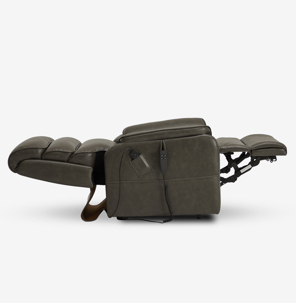 Side view of the Irene House 9188E gray breathable leather recliner reclined fully flat into the 180 degree lay-flat position