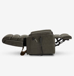Side view of the Irene House 9188E gray breathable leather recliner reclined fully flat into the 180 degree lay-flat position