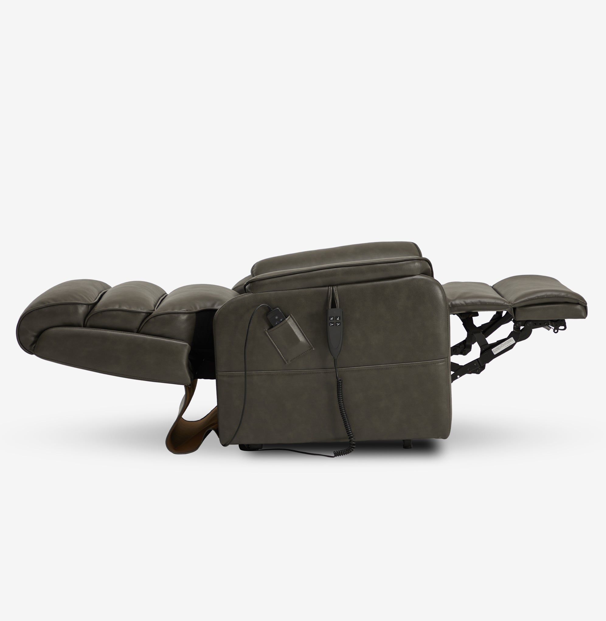 Side view of the Irene House 9188E gray breathable leather recliner reclined fully flat into the 180 degree lay-flat position
