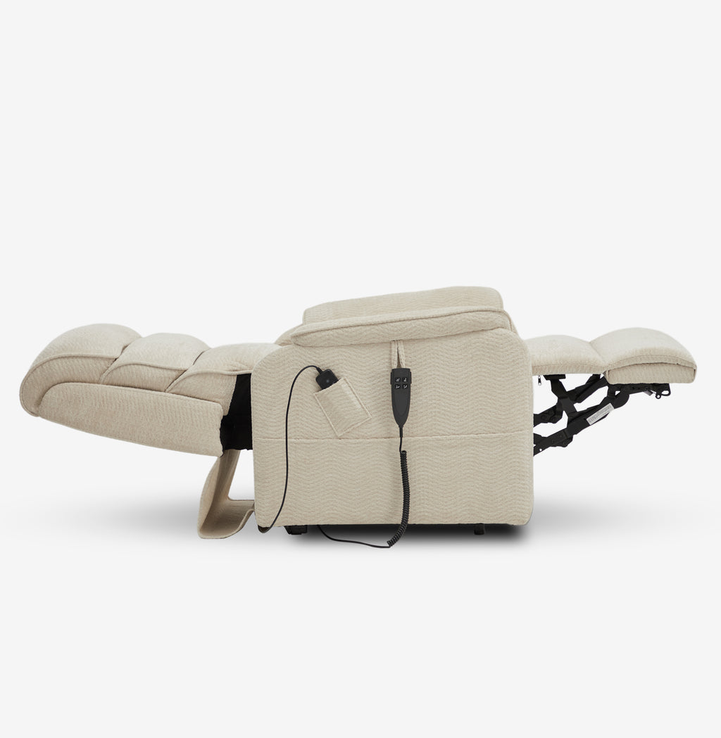 Side view of the Irene House 9188E beige chenille recliner reclined fully flat into the 180 degree lay-flat position