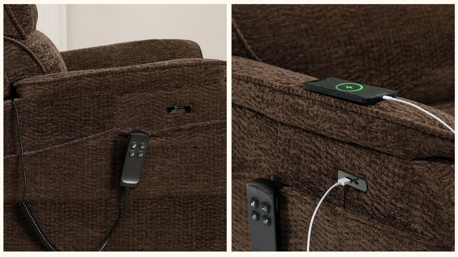 Irene House 9188T second generation design — four higher side pockets and USB-A and USB-C charging ports, shown on the brown leather chair