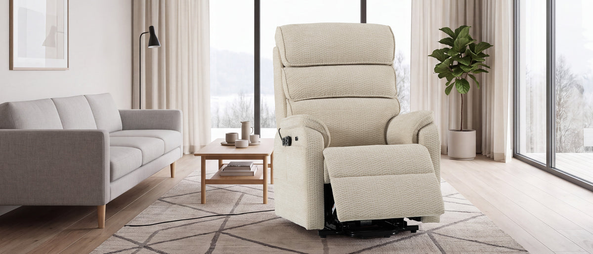 Irene House 9188S Pro in cream white chenille from four angles, showing the 20.67 inch seat set 18.11 inches off the floor for smaller frames