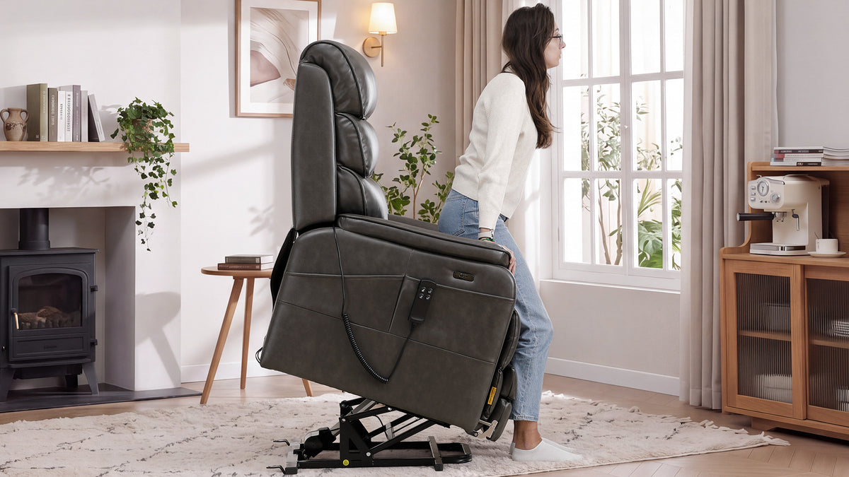 Irene House 9188ET big and tall lift recliner in cream chenille tilted forward in the lift position, helping the user toward standing