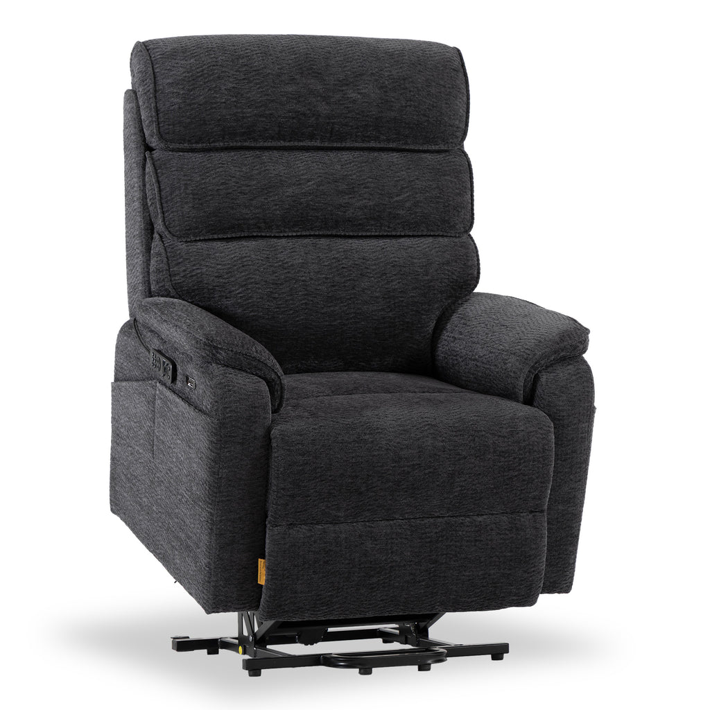 Irene House 9188E Pro oversized power lift recliner in dark gray chenille, raised in the lift position that helps you stand up