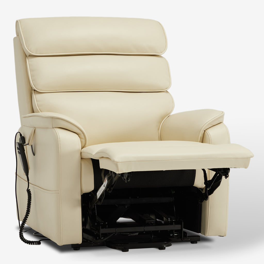 Irene House 9188E cream white breathable leather recliner in a deep recline with the footrest fully extended, seen at a three-quarter angle