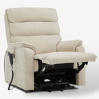 Irene House 9188E beige chenille recliner in a deep recline with the footrest fully extended, seen at a three-quarter angle