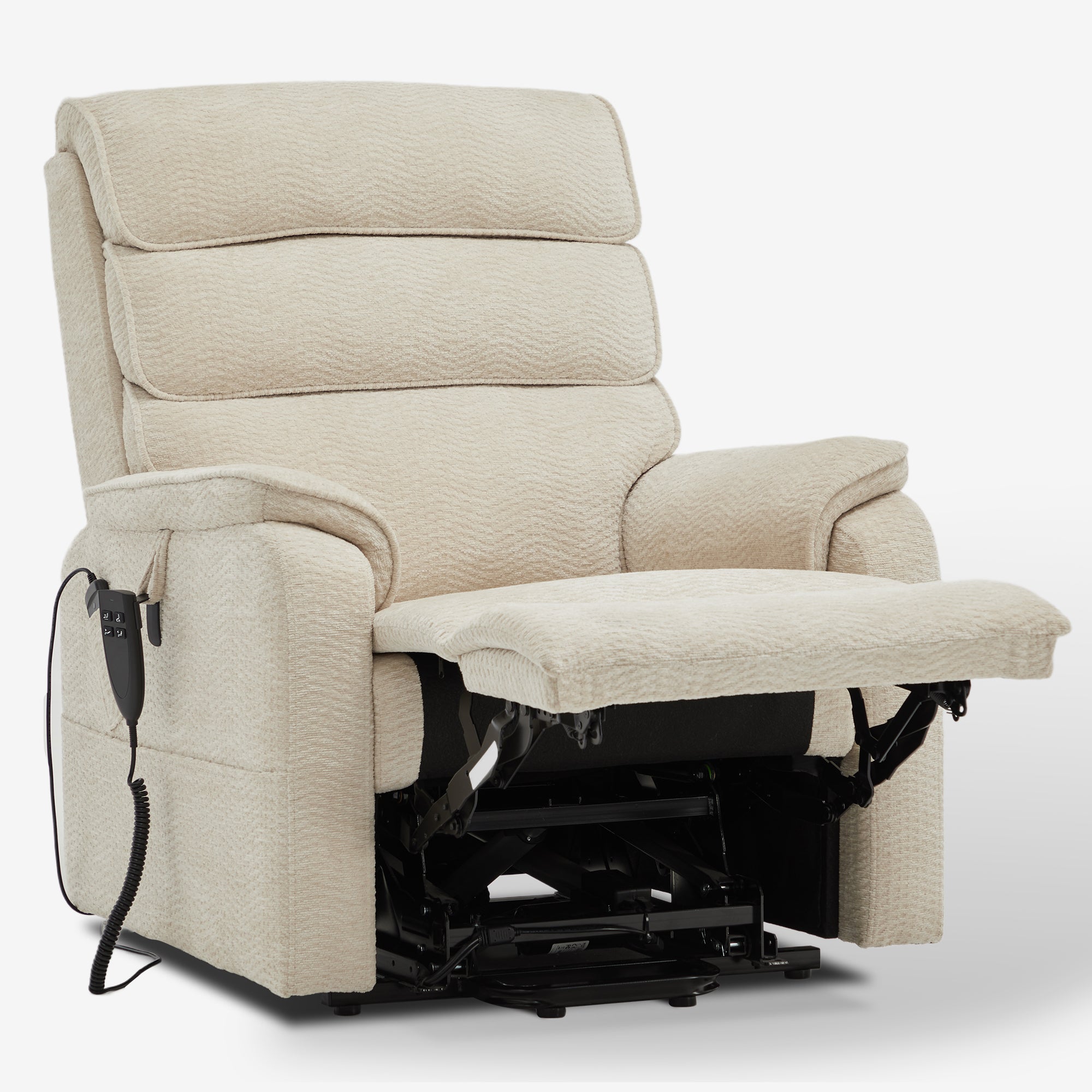 Irene House 9188E beige chenille recliner in a deep recline with the footrest fully extended, seen at a three-quarter angle