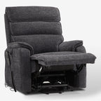 Irene House 9188E dark gray chenille recliner in a deep recline with the footrest fully extended, seen at a three-quarter angle