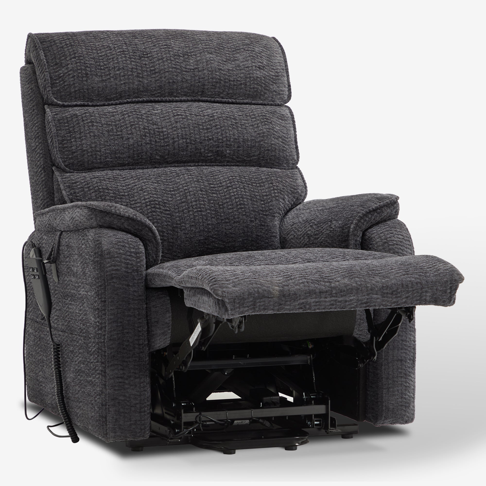Irene House 9188E dark gray chenille recliner in a deep recline with the footrest fully extended, seen at a three-quarter angle