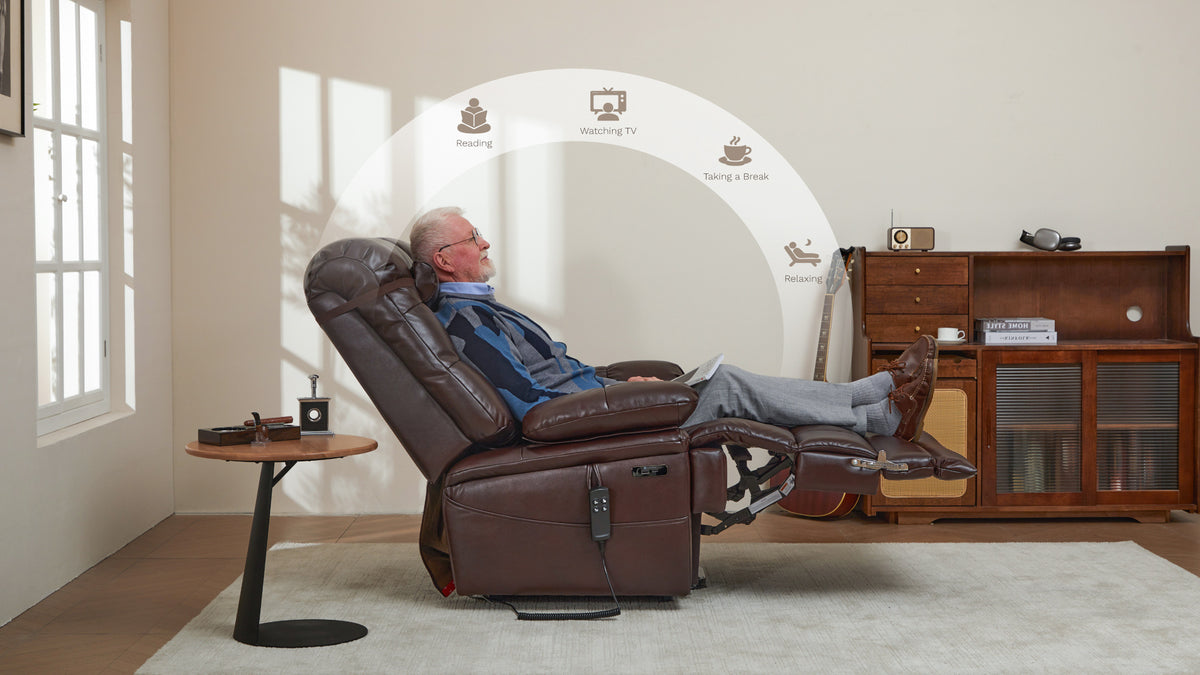 The two hand controls of the Irene House 9205L — backrest, footrest and lift buttons plus heat and massage controls, on brown leather