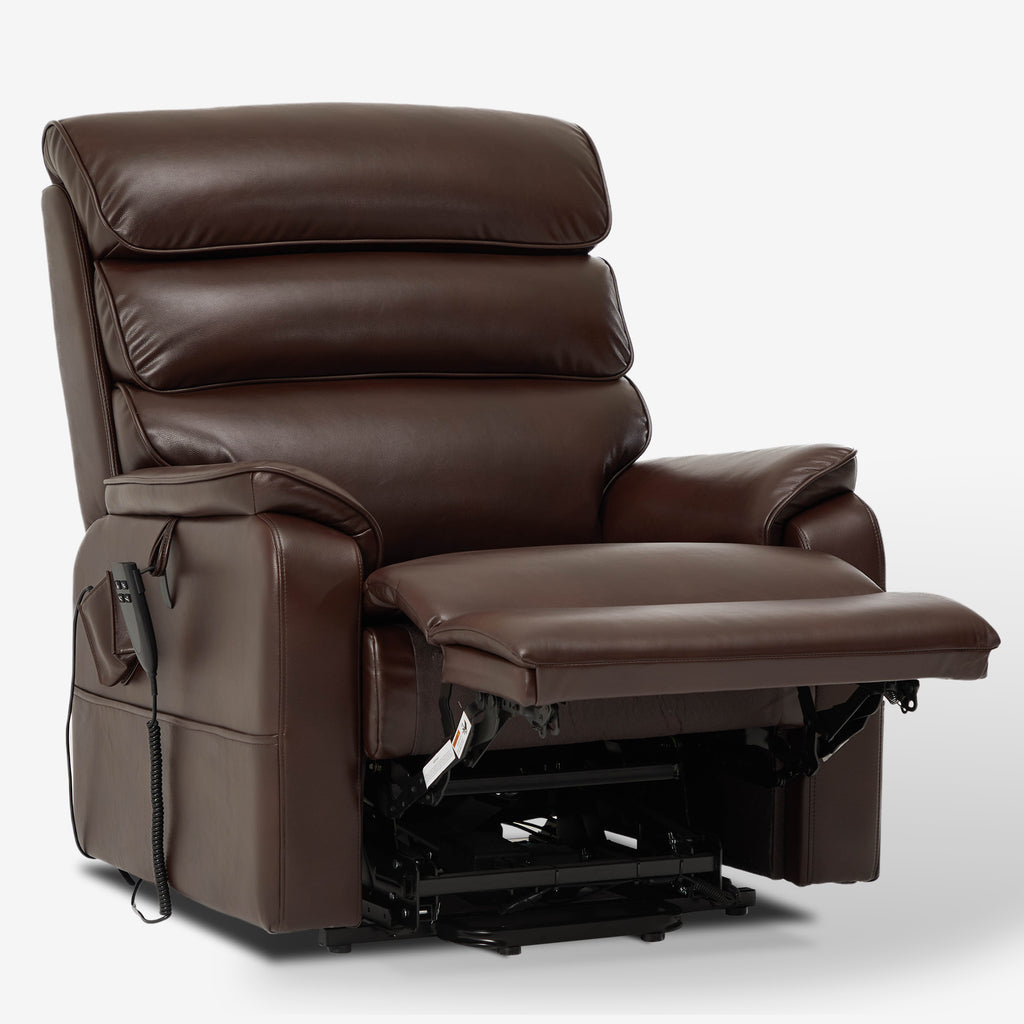 Irene House 9188E brown breathable leather recliner reclined with the footrest out, seen from the front right showing the wide seat