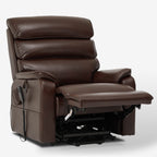 Irene House 9188E brown breathable leather recliner reclined with the footrest out, seen from the front right showing the wide seat