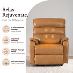 Irene House 9188E Pro in top grain yellow brown leather — heat and massage features: 4-point vibration massage, adjustable intensity, multiple massage modes and dual-zone heating for lumbar and seat