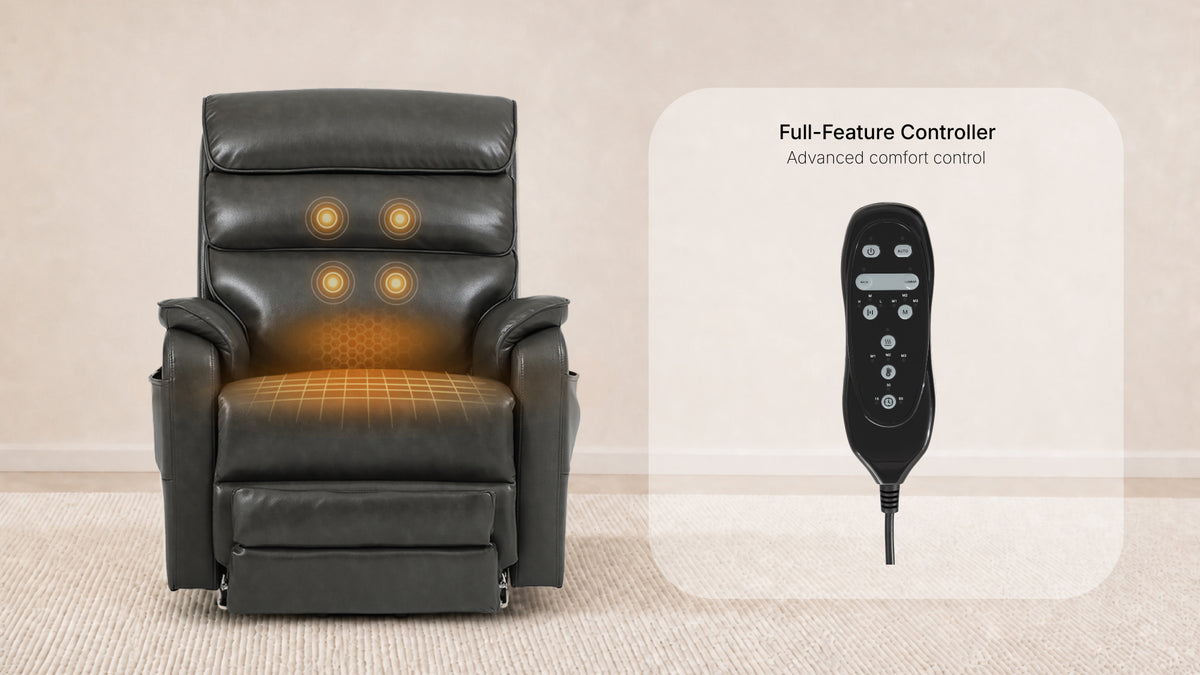 Irene House 9188ET back massage and heat layout — four massage points, backrest and seat heating, eight modes and three intensities with timer, shown with the hand control