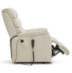 Side profile of the Irene House 9188E beige chenille recliner in a deep recline with the footrest raised above hip level
